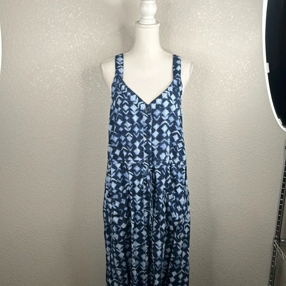 Time and Tru Linen Blend Blue V-Neck Spaghetti Strap Button Down Maxi Dress Sz L